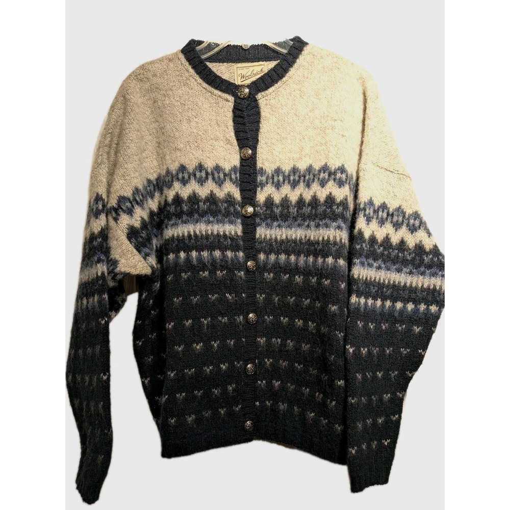 Vintage Woolrich Cardigan Sweater Womens L Blue Fair Isle Wool Nylon USA Nordic